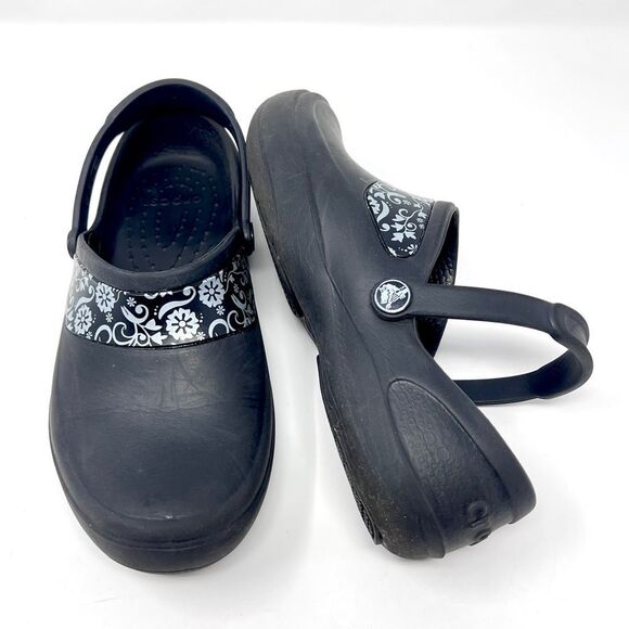 Crocs at Work Mercy Black Silver Floral Trim Back Strap Slip-Resistant Clogs 8 - Picture 1 of 9